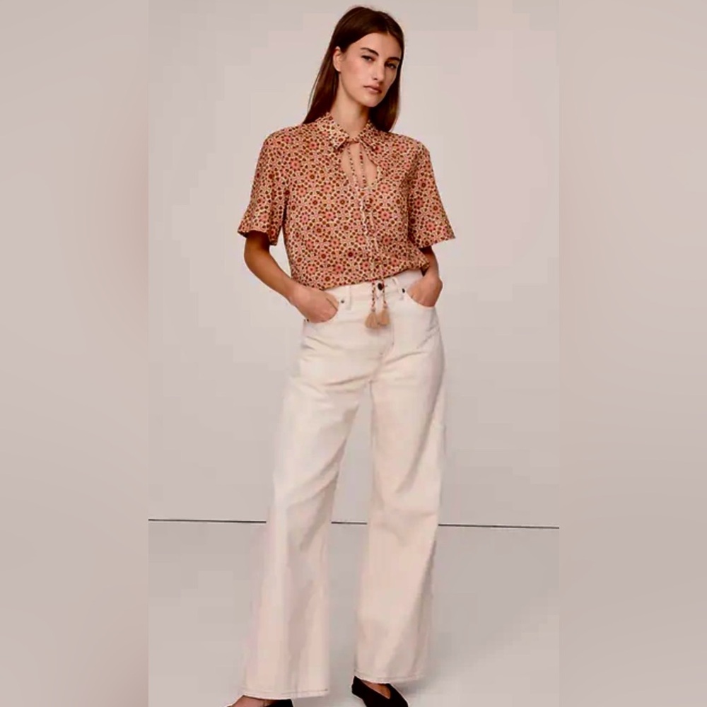 EUC BANANA REPUBLIC Cotton Popover Shirt With Tassel Tie Pink Floral Medallion L